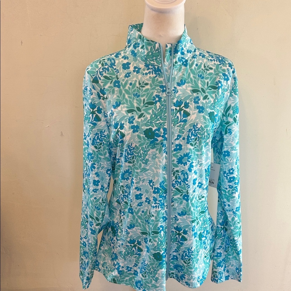 Croft & Barrow Floral Full Zip Aqua lightweight jacket Size S New
